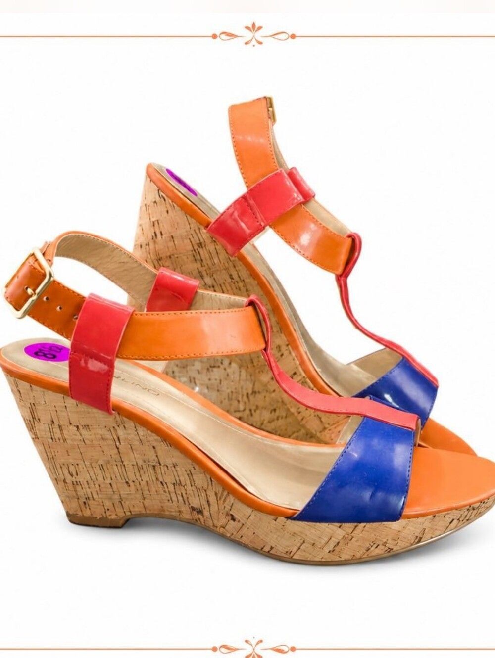 Bandolino Wedge Sandals Color block Cork Heel Orange Blue Red
